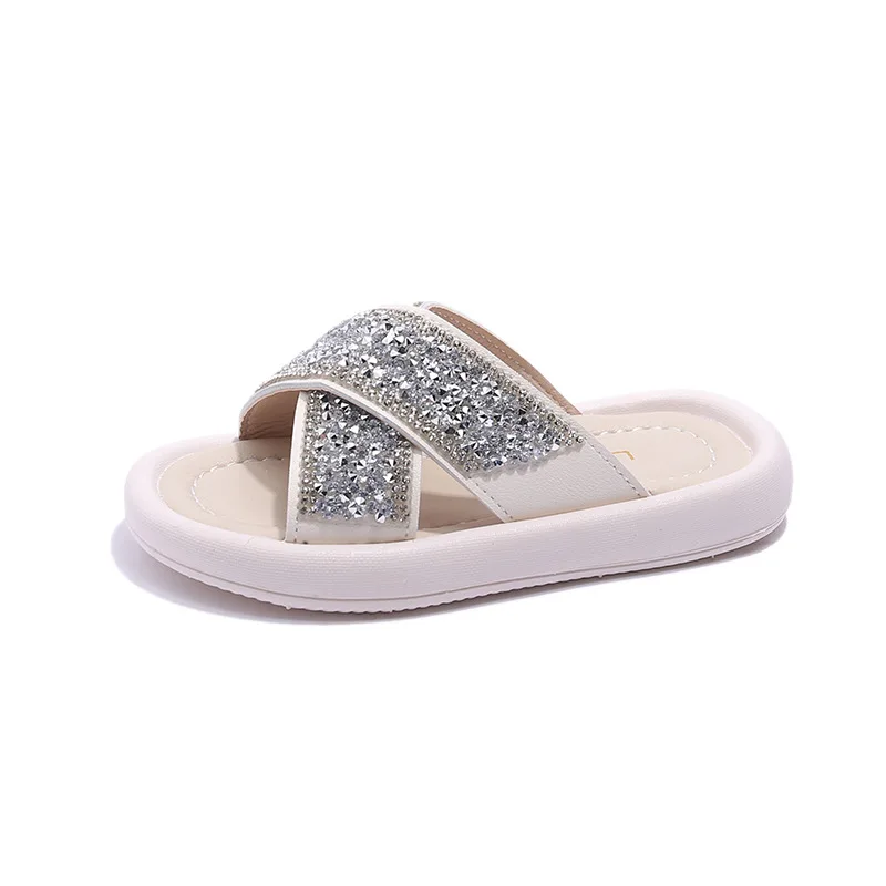 Summer Kids Slippers for Girls Rhinestone Beach Shoes Fashion Glitter Cross Belt Princess Shoes Comfortable Soft Sole Sandals