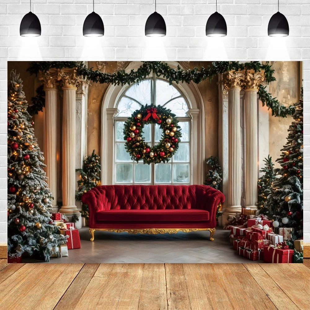 Red Chirstmas Backdrop Interior Living Room Window Sofa Xmas Tree Gift Wreath Family Portrait Photography Background Photostudio