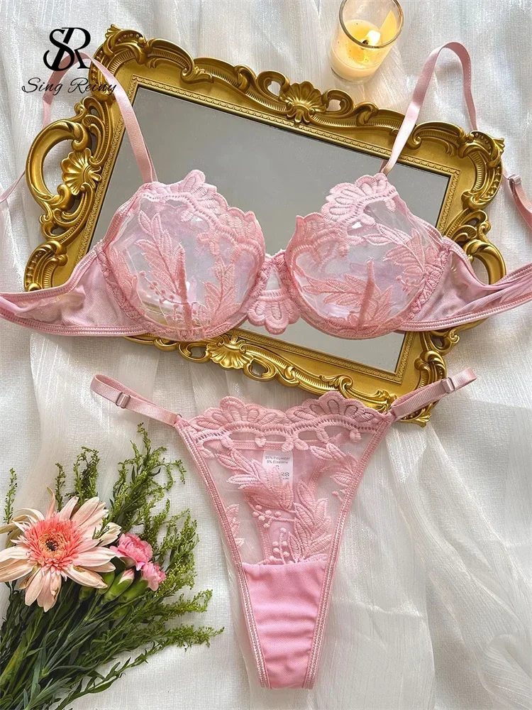 SINGREINY Garza Trasparente Biancheria Intima Skinny Sexy Abiti Moda Aderente Lingerie Signore Solido Ricamo Reggiseno Erotico e Slip Set
