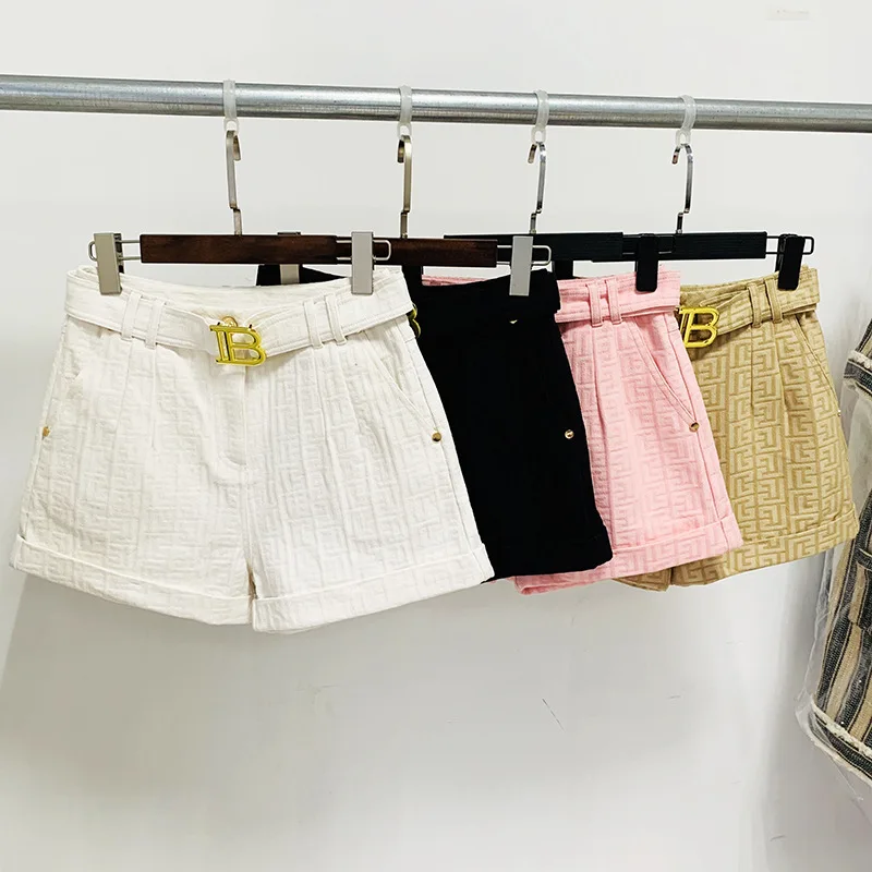 

Summer Celebrity Fashion Geometric Patterned Belted Waist Slim Mid-Rise Shorts Korean Style Women's Base Layer Pants