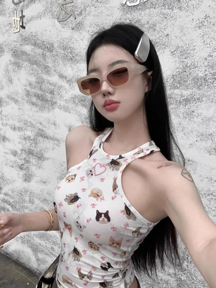 Sweet Y2k Aesthetic Cat Print Crop Top Summer Harajuku Kawaii Cute All Match Camisoles Japanese Chic Fashion Tanks Women Trendy