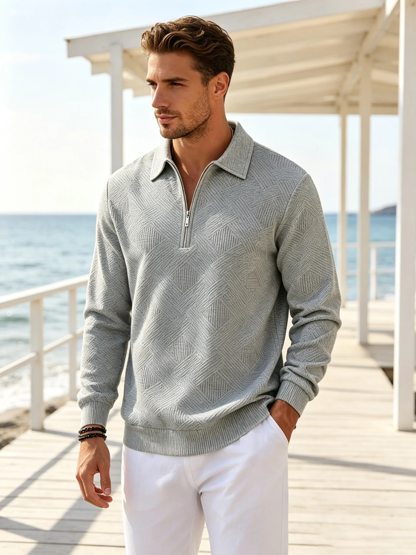 Herren Viertelreißverschluss Strickpullover Polokragen Langarm Pullover Lässiger Einfarbiger Leichter Jumper Frühling Herbst – Detail 6