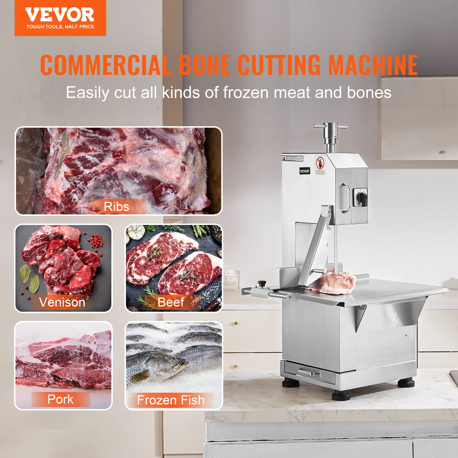 VEVOR Commercial Electric Meat Bandsaw,2200W Stainless Steel Countertop Bone Sawing Machine,0-7.1 Inch Cutting Thickness,for Rib