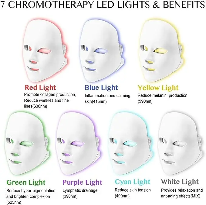 Máscara LED facial 7 colores Máscara de terapia de fotones LED Dispositivo de belleza de elevación de rejuvenecimiento de la piel