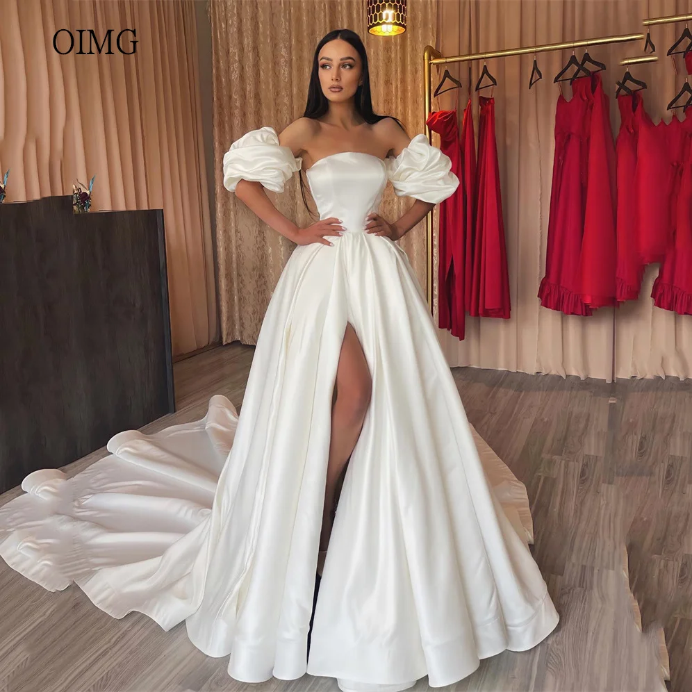 

OIMG Elegant Ivory A-line Wedding Dress Off The Shoulder Bride Dresses High Side Split Wedding Gowns vestidos de novia Customize