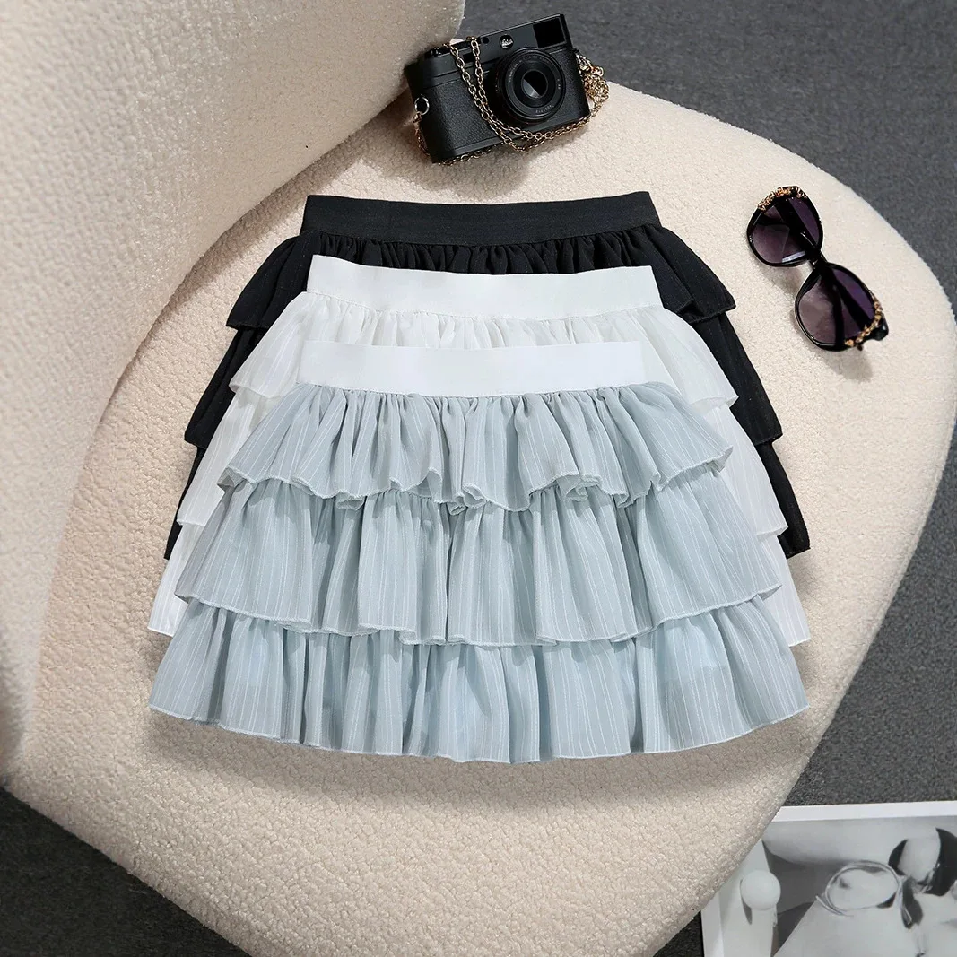 White Sweet Fluffy Cake Skirt Women's Elastic Waist Anti-light Ruffles Skirt