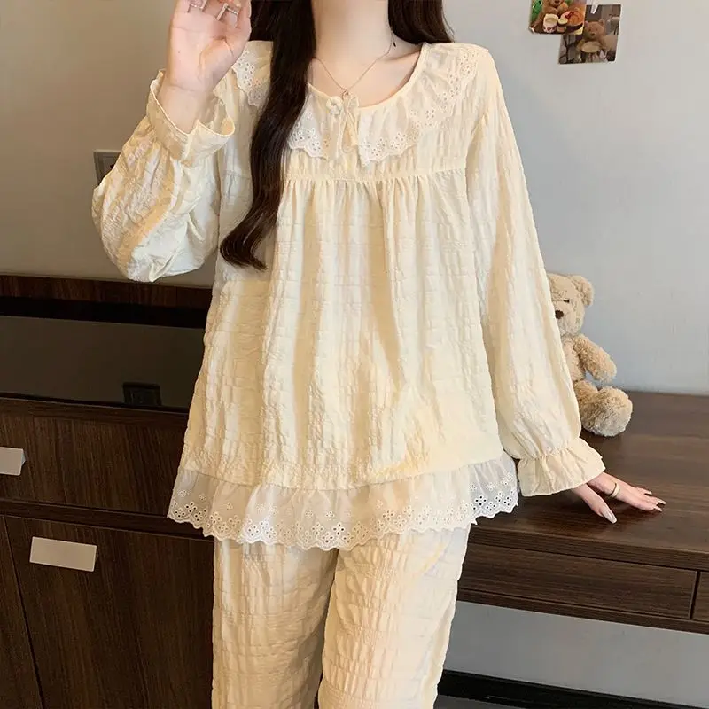 2026 Spring Long Sleeve Cotton Pajama Sets for Women Korean Cute Lace Sleepwear Pyjama Pijama Mujer Homewear Ladies Home Clothes 5