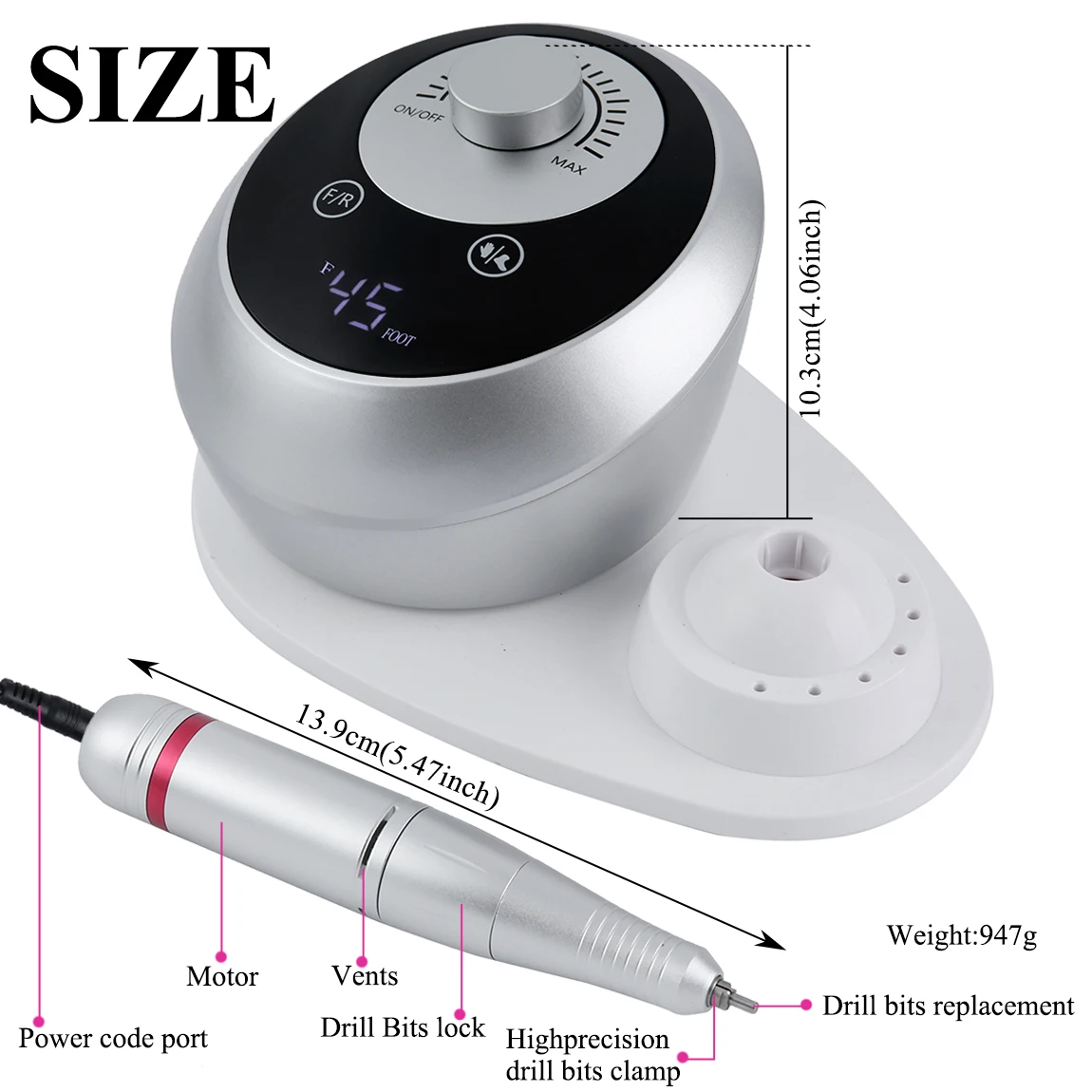 TFSCLOIN – Kit de perceuse à ongles électrique professionnelle 45000 tr/min, Machine de manucure à faible bruit pour l'élimination du vernis Gel