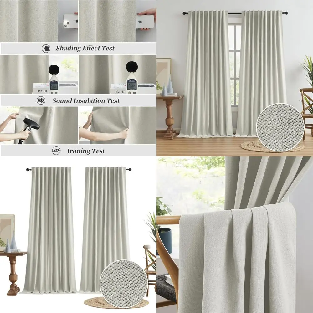 

Greyish Beige Linen Farmhouse Curtains with Back Tab, 72x96, for Living Room and Patio Door, 2-Piece Set