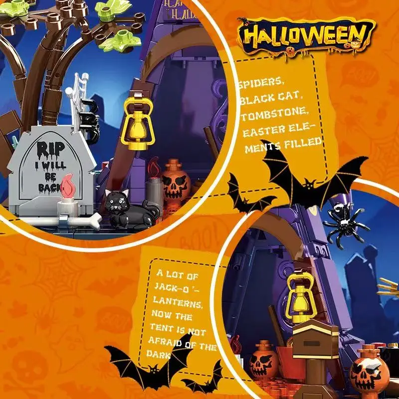 MOC Halloween Haunted House Model Building Blocks Kit Tilt Roof Ornaments Creative Bricks Assembled Puzzle DIY Toy Children Gift