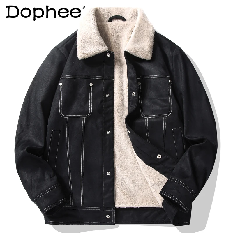 Fashion Cotton Coat Jacket Men's Autumn Winter Jacket Fleece-lined Thickened Cotton-Padded Coat Fur Collar Lambswool Jacket