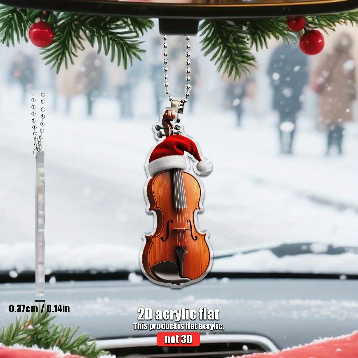 1/4 Violine mit Weihnachtsmütze, 2D-Flach-Acryl, geeignet für Auto, Zuhause, Festival, Dekoration, Weihnachtsbaum-Anhänger, Weihnachtsgeschenk