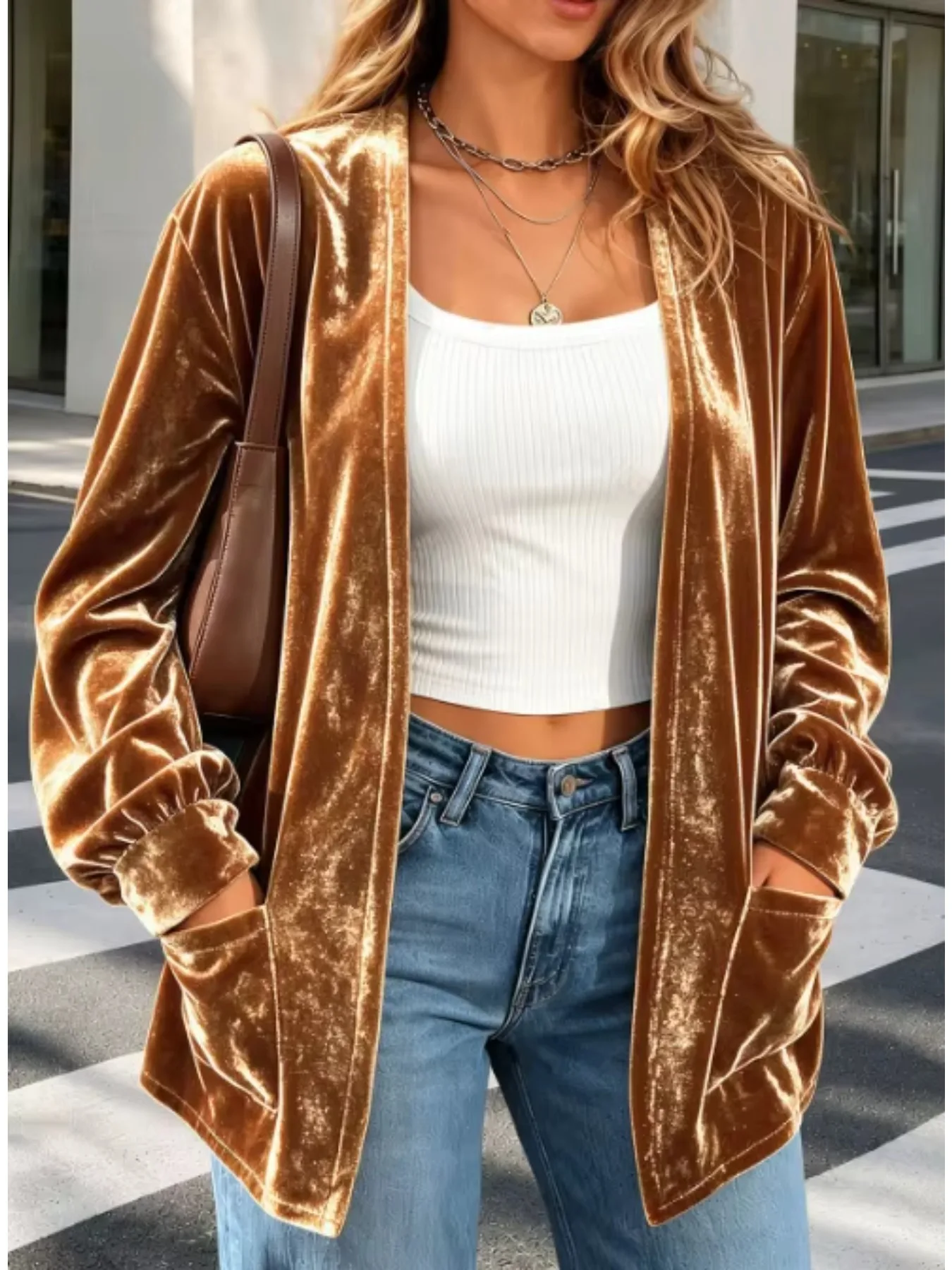 Plus Size Women Solid Velvet Cardigan Long Sleeve Open Front Loose Casual Outerwear with Pockets
