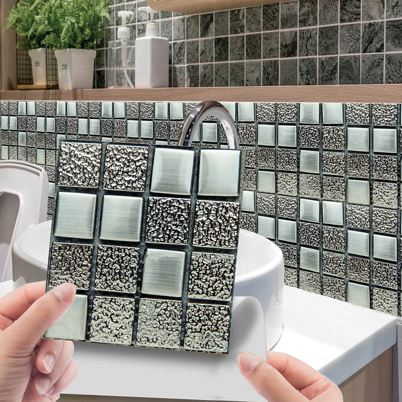 Peel and Paste Ceramic Tiles 3D Simulation Mosaic Crystal Tiles DIY Waterproof Self-Adhesive Wall Stickers 10PC Home Decor