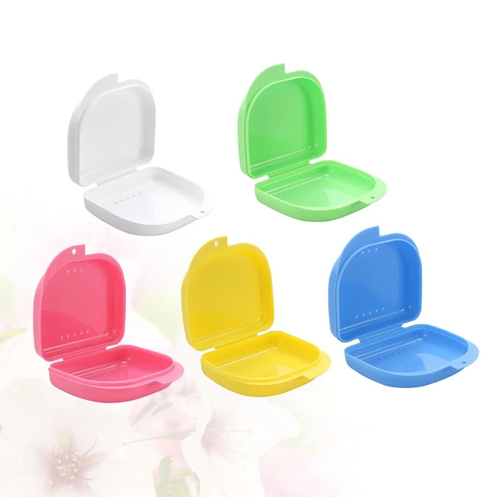 

5 pcs Denture Case Vent Holes Hinged Lid Snap Closure Mouth Guard Storage Container For Retainer Dry Keep Bacteria