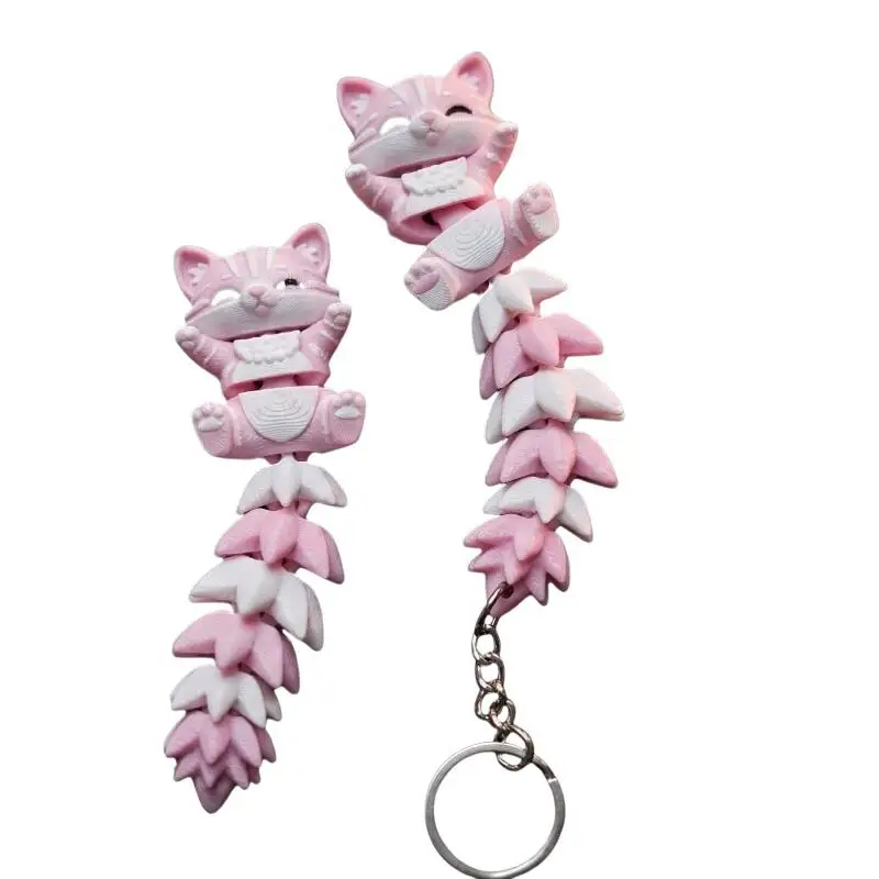 3D-gedruckter rosa Katzen-Schlüsselanhänger mit beweglichem, flexiblem Schwanz, niedliches Cartoon-Design zur Rucksackdekoration, Geschenk für Katzenliebhaber – Detail 6