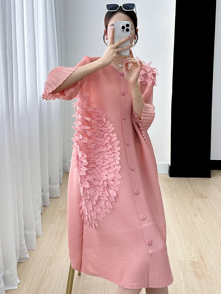 

Three-dimensional Flower Loose Fit Summer Dress Seven-quarter Sleeve Pleated A-line Skirt Korean Style Casual Wear Polyester ...