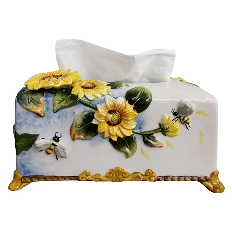 

European style pure hand-painted ceramic sunflower tissue box kitchen pumping carton living room coffee table