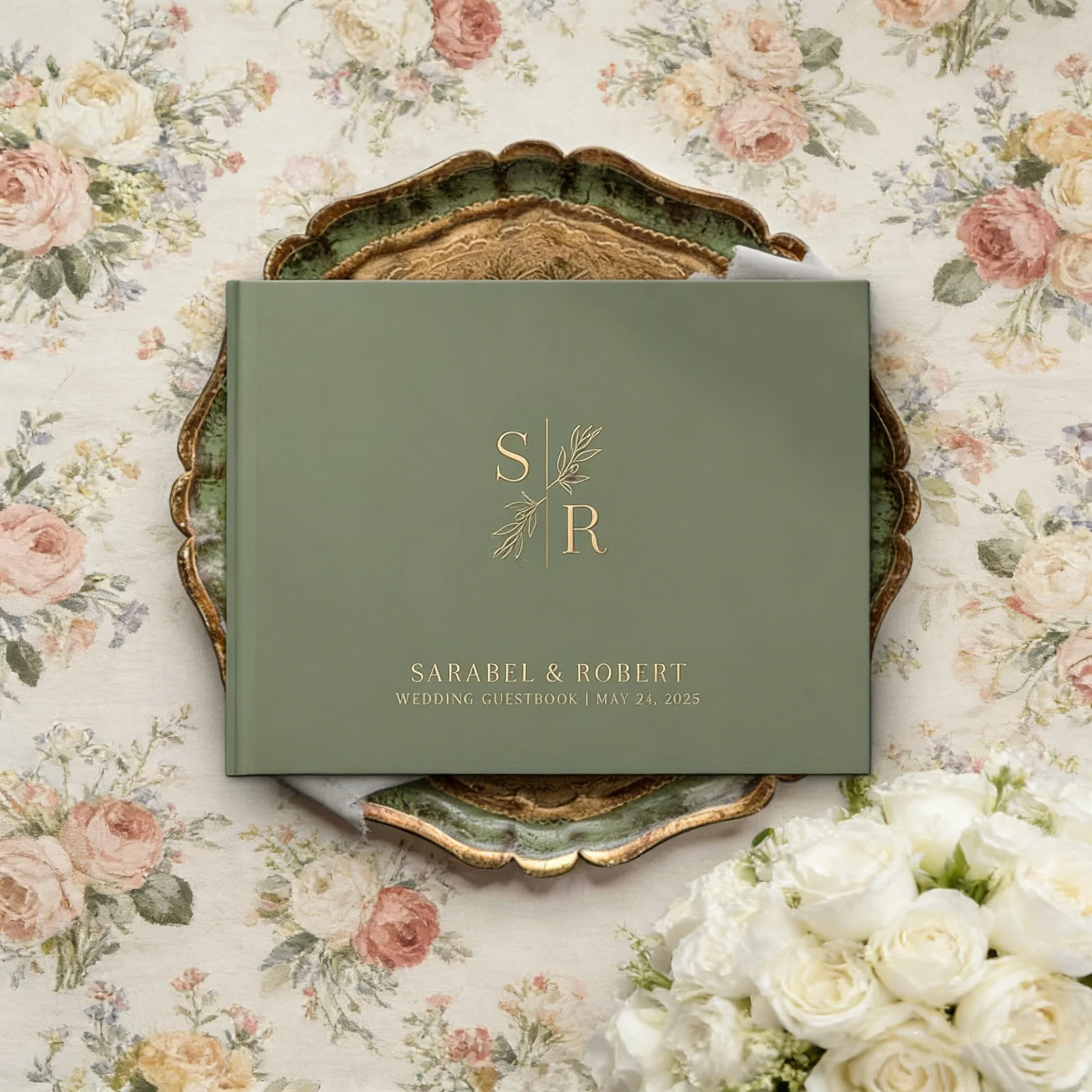 

Minimalist Green Wedding Guest Book, Personalized Hardcover Photo Album, Modern Gold Foil Olive Album
