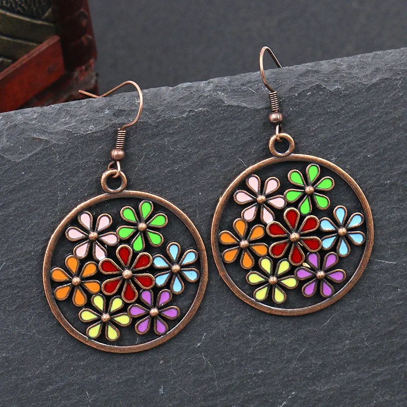 Vintage Bohemian Drop Dangle Earrings For Women Long Crystal Flower Hollow Geometric Enamel Ethnic Boho Wedding Earrings Jewelry