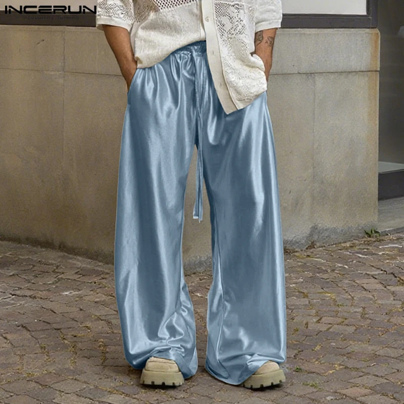 

INCERUN Mens Pants Solid Color Joggers Drawstring Loose Casual Wide Leg Trousers Men Streetwear 2025 Fashion Long Pants S-5XL