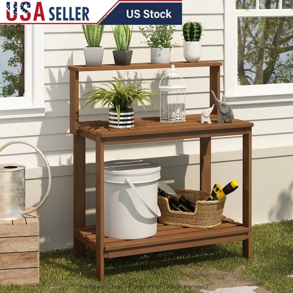 

Outdoor Natural Wood Potting Bench Durable Garden Patio Backyard Furniture Easy Assembly Weather-Resistant Teak Oil Treated 100%