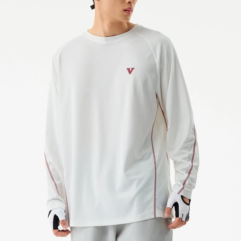 Veidoorn Men's Long‑Sleeve Sports T‑Shirt Spliced Mesh Design Loose Fit Athletic Top for Hiking Trekking Gym Workout Outdoor