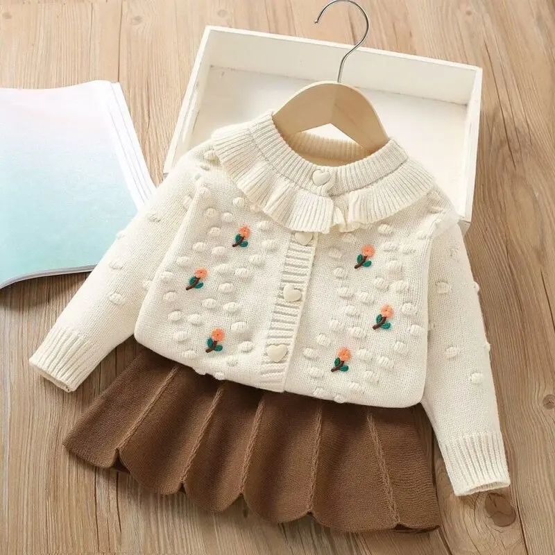

Girls Sweater Dress Set Casual Pullovers Suits Autumn Winter O-neck Long Sleeve Knitted Solid Elegance Tops