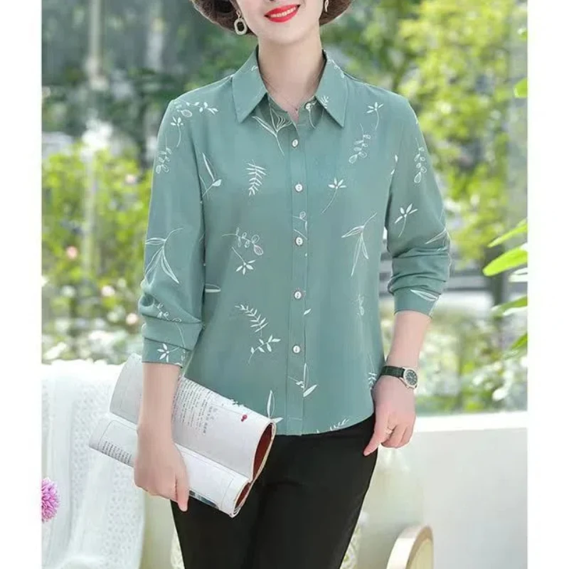 Women\'s Clothing Long Sleeve Plant&Flowers Printing Button Turn-down Collar Cardigan Chiffon Shirt Casual Flattering Tops