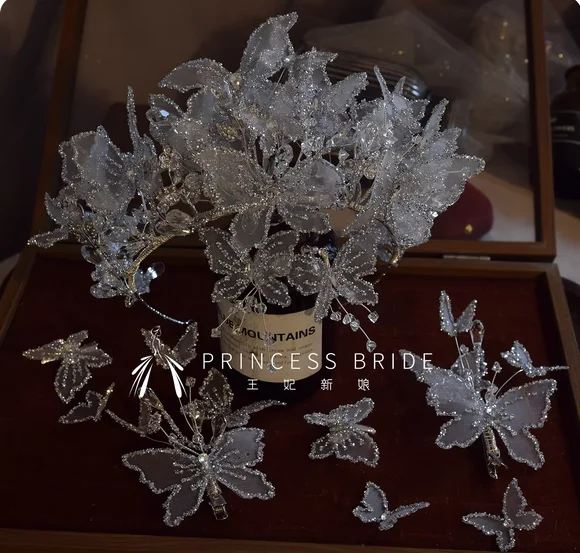 New bride fairy butterfly crown headdress high sense crystal hairband crown hairpin earrings wedding hair accessories