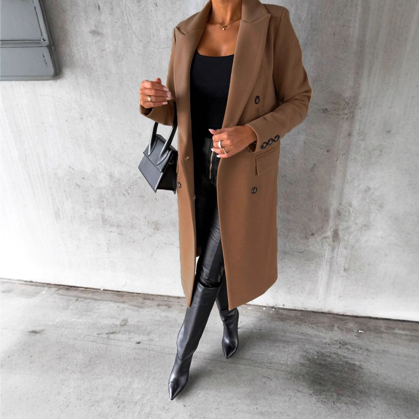 

KIDCRKJ Women Autumn Winter Overcoat Vinatge Brown Lapel Collar Pockets Female Woollen Coat Elegant Long Over The Knee Lady Coat
