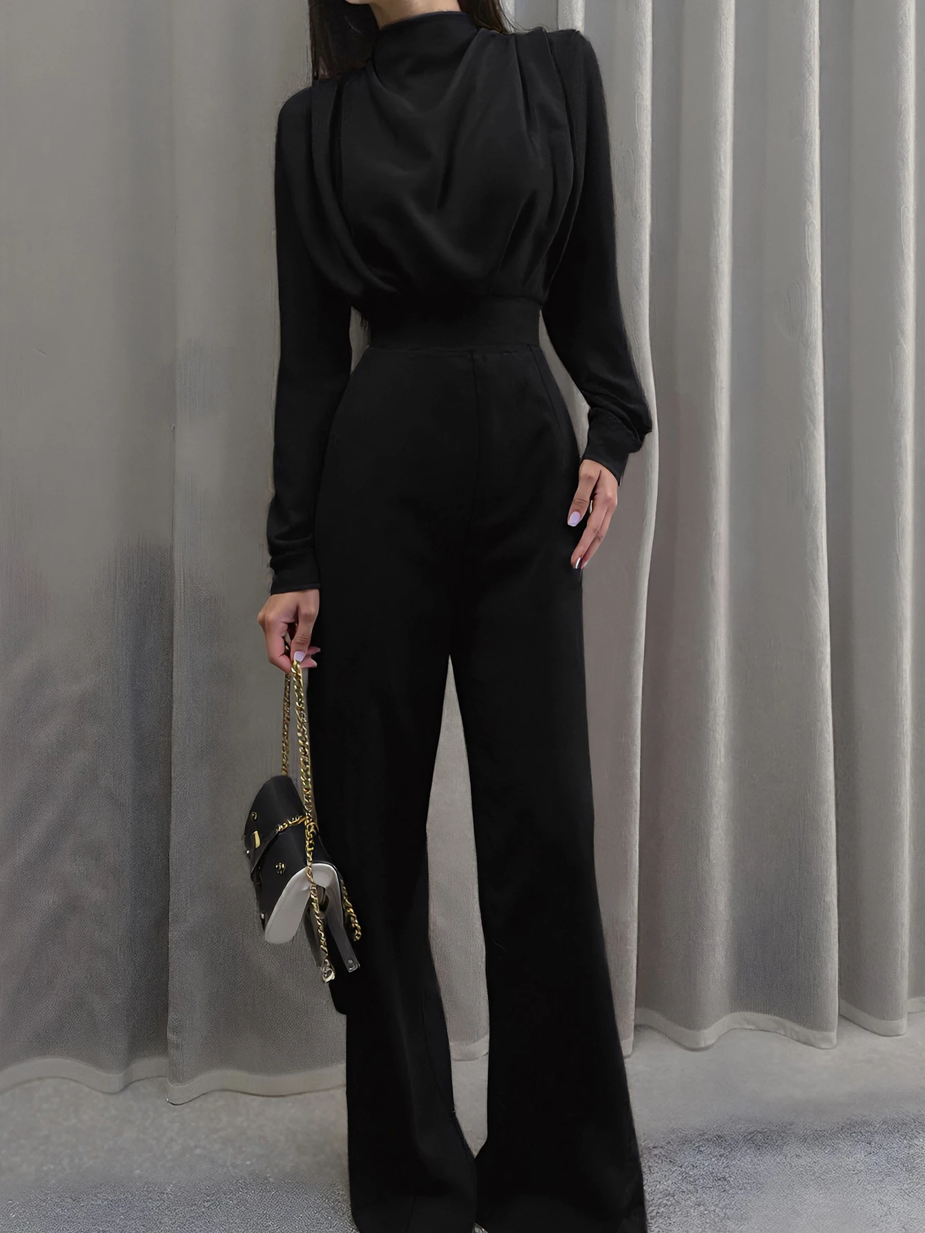 

Женский шикарный комбинезон с высоким воротом и длинными рукавами, осень-зима, широкие брюки, повседневная мода, однотонные складные детали
