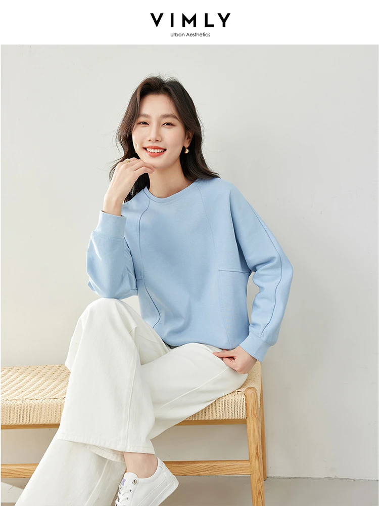 Vimly Light Blue Lazy Style O-neck Sweatshirt Women\'s Long Sleeve Top 2024 Spring Cotton Casual Loose Pullovers Clothing M5900