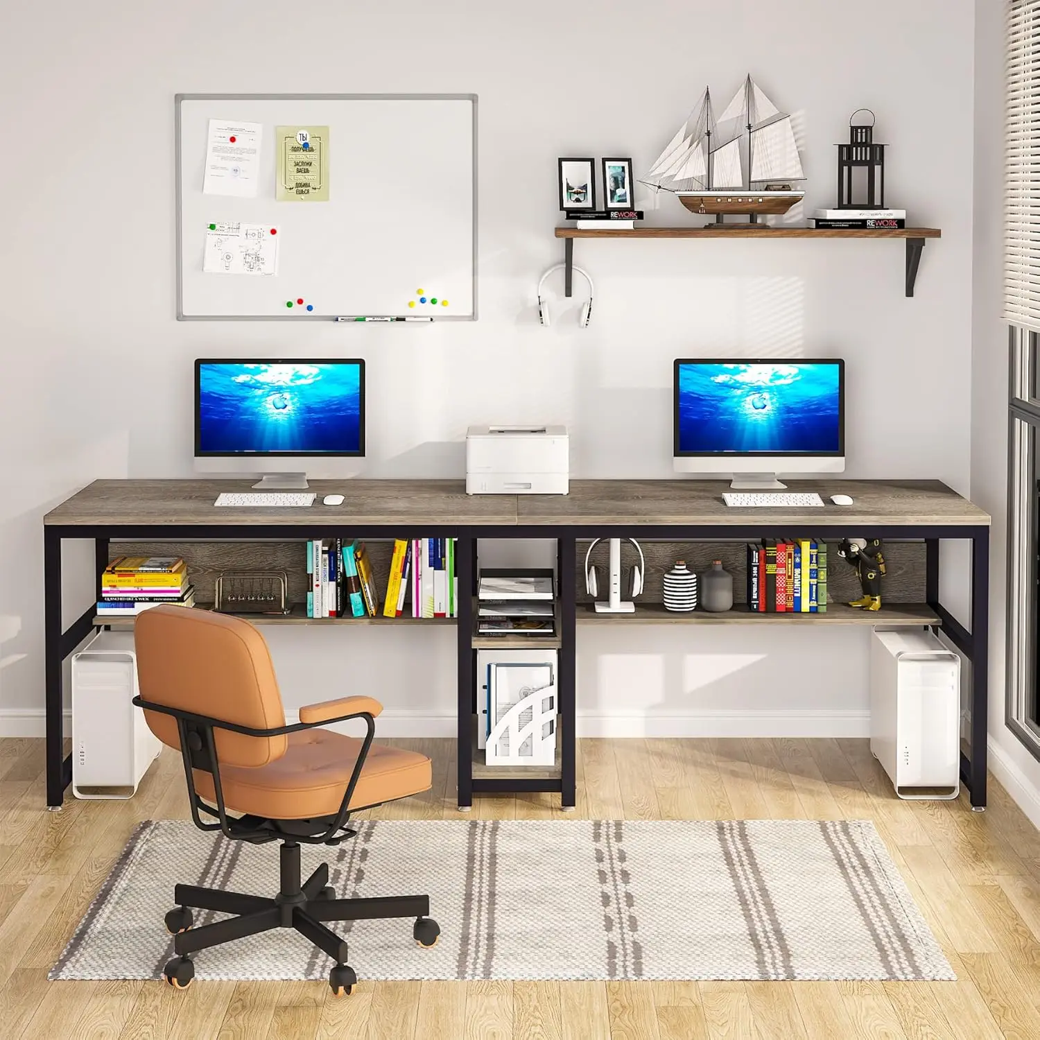 Tribesigns Two Person Desk with Bookshelf, 78.7 Computer Office Double Desk for Two Person, Rustic Writing Desk Workstation with