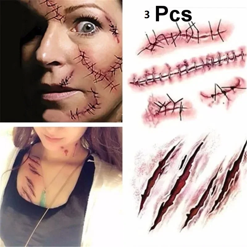3 أوراق/مجموعة ملصقات وشم مؤقت للهالوين مقاومة للماء تدوم طويلاً، رعب واقعي، ندبة جرح للحفلات DIY هيئة آرت ديكو #1