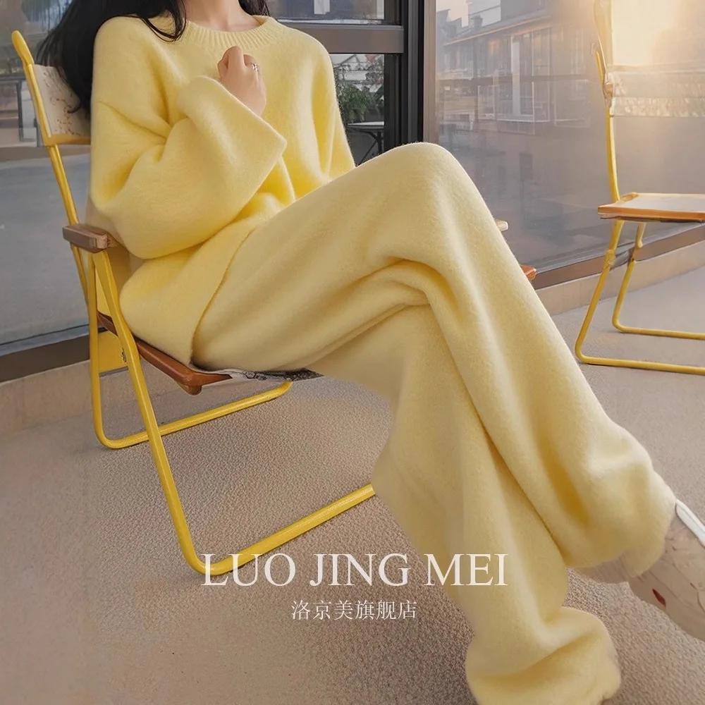 2025 Otoño Invierno nueva señora traje acogedor suéter de punto pantalones conjuntos 2 piezas mujeres elegante suéter de cuello alto pantalones de pierna ancha