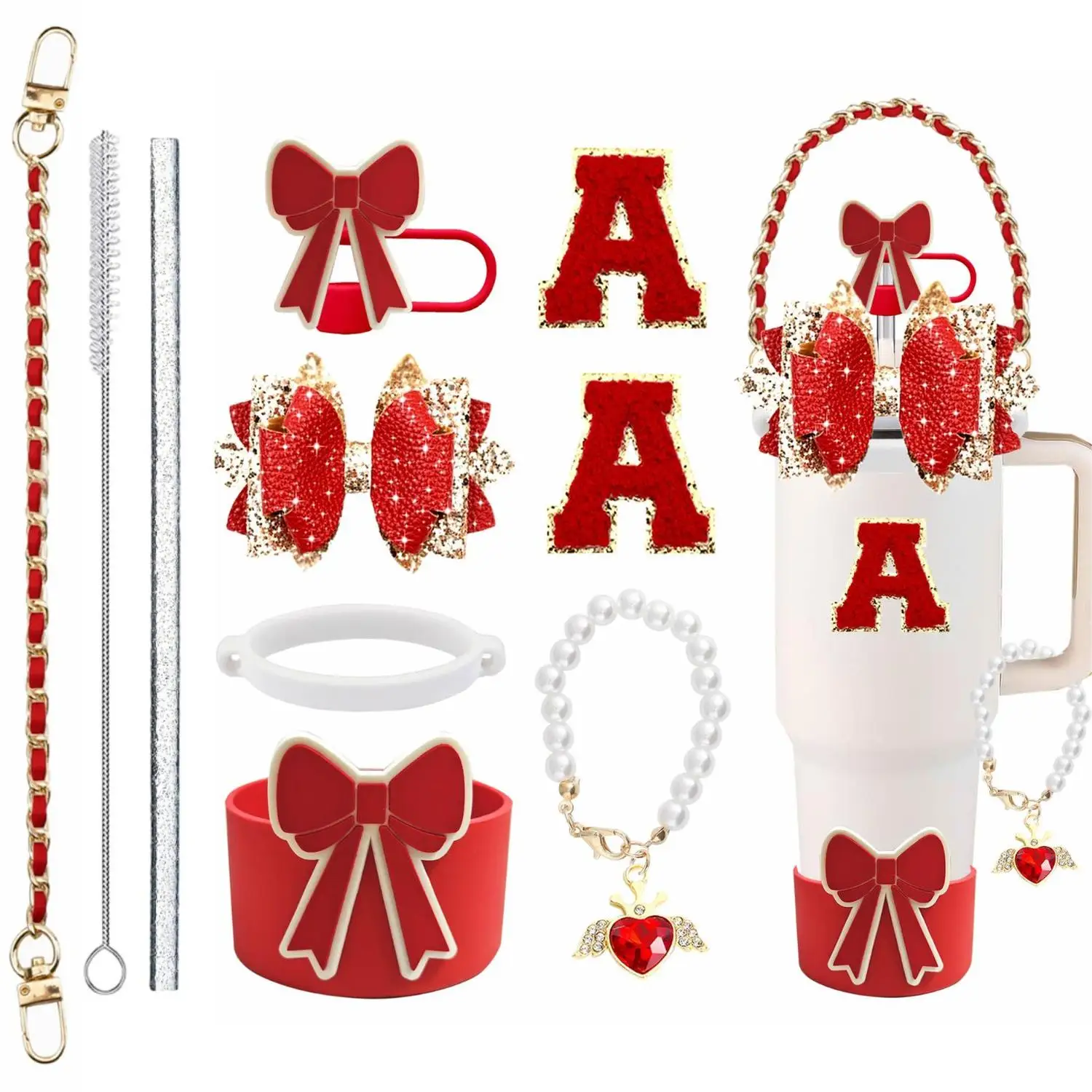 For Stanley Sleeve Accessory Combo Set - Glitter Leather Bow Decor Letter Sticker Straw Topper Brush Keychain for Cup