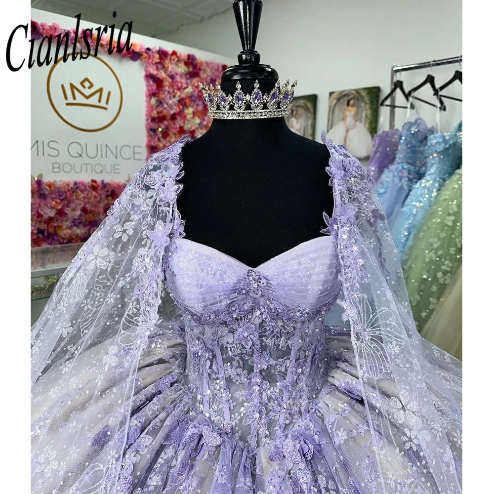 Vestido De baile De quinceañera con lentejuelas De ilusión Lila, vestido De quinceañera con capa, tirantes finos, apliques, corsé, 15 Años