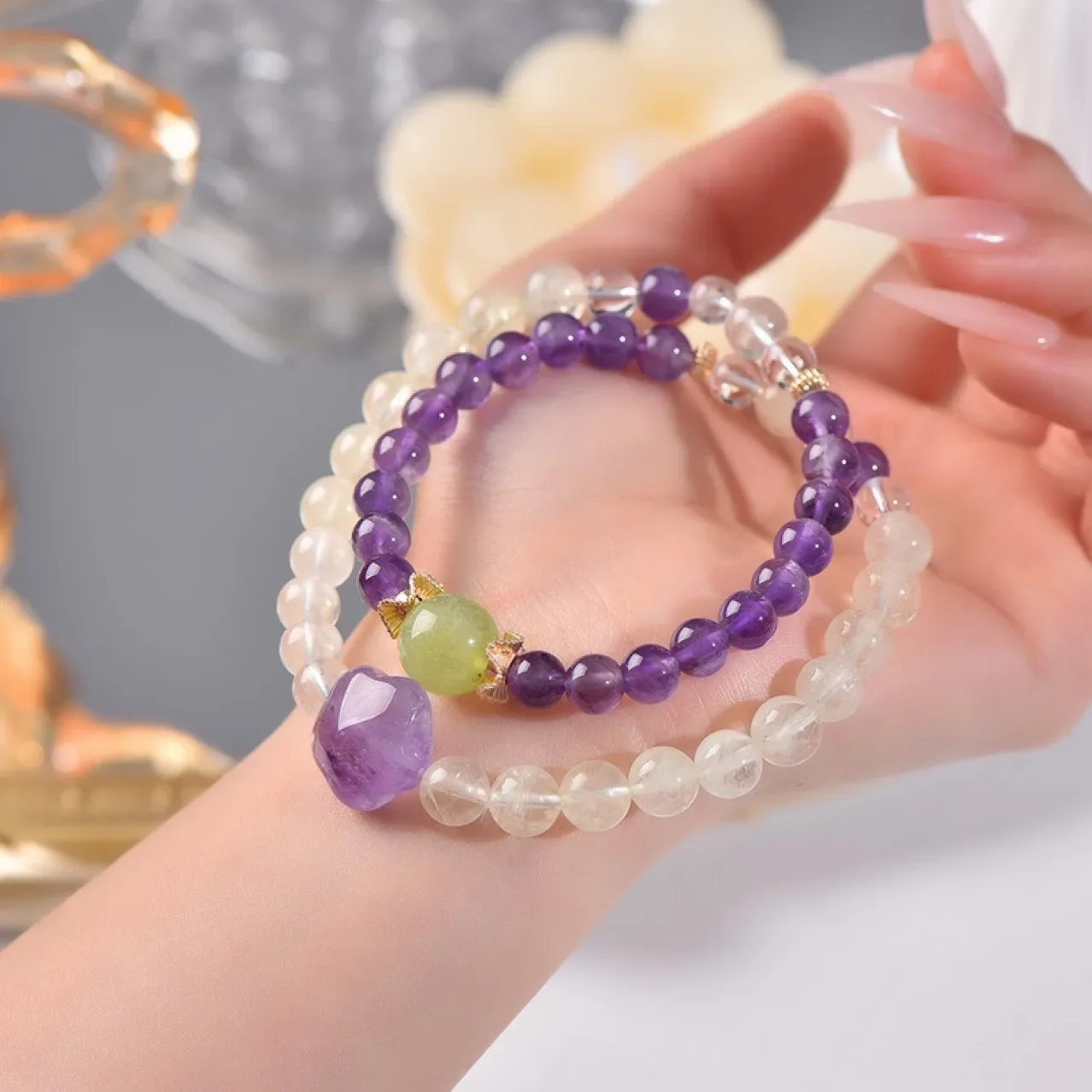 

Natural Citrine Amethyst Star Bracelet, Women's Light Luxury Fashion Lucky Double Circle Bracelet, Gift