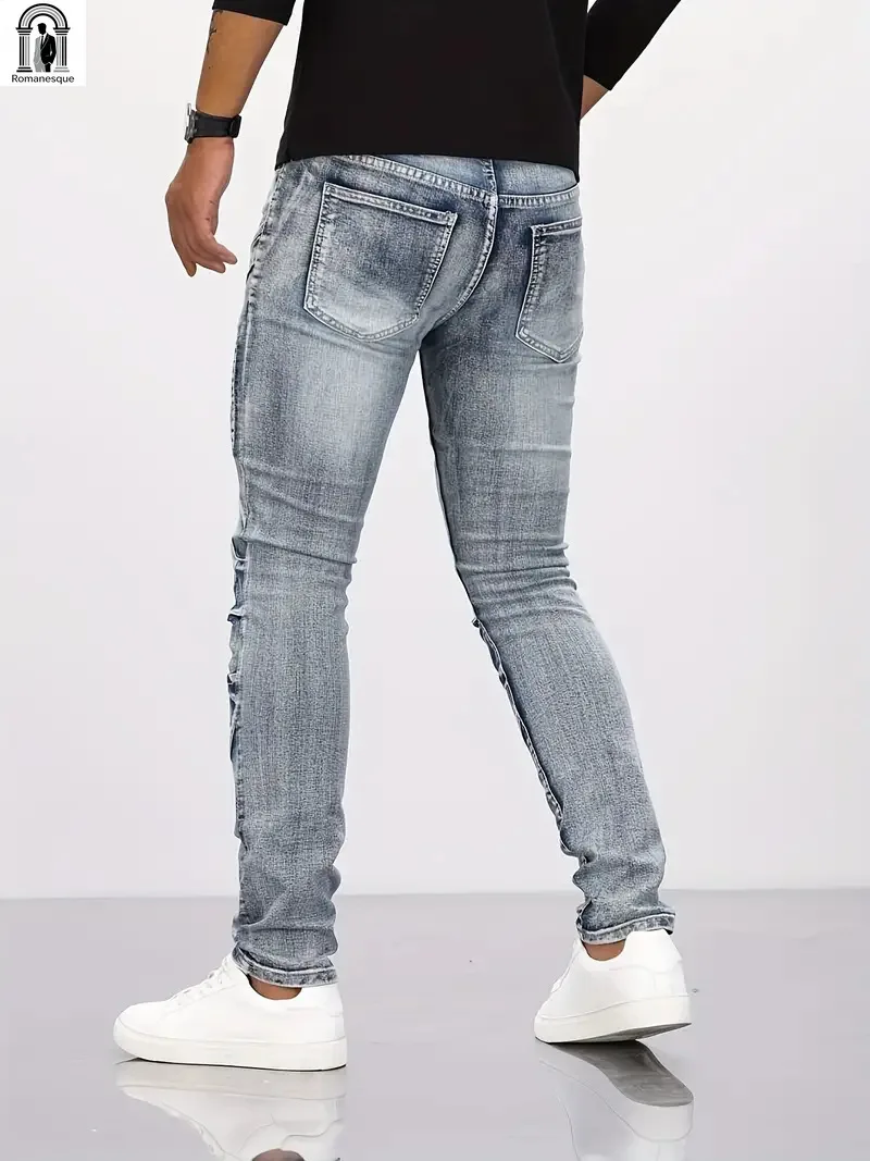 New Distressed Men Jeans Denim Holes Skinny Vintage Wash Solid Pencil Pants 2024 Ankle Length Sheath Punk Style Pockets Slim view 5