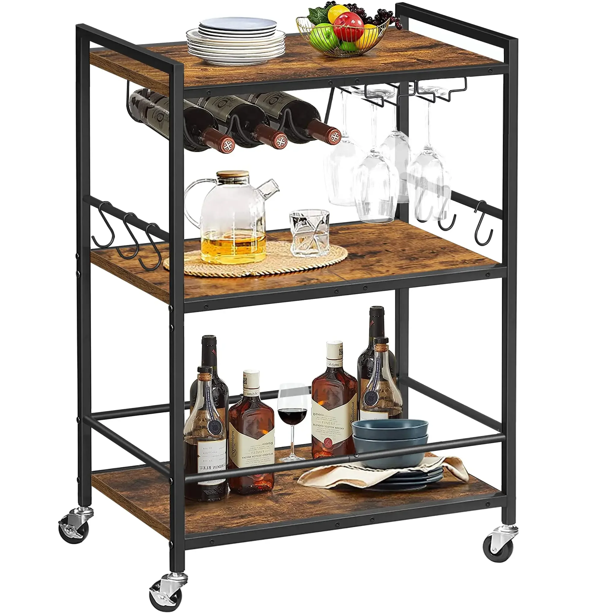 Rolling Industrial Rustic Wooden Bar Kitchen Food Serving Truck Trolley Kitchen Truck With Wine Rack And Cup Holder