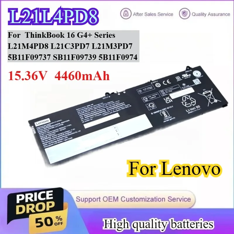 

L21L4PD8 15.36V 4460mAh 68.5Wh battery For Lenovo ThinkBook 16 G4+ L21M4PD8 L21C3PD7 L21M3PD7 5B11F09737 SB11F09739 5B11F0974