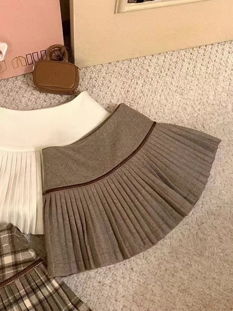 Vintage Plaid Pleated Skirts Women Y2K Autumn Winter Preppy Faux Woolen Mini Skirts Female High Waist Sweet Blended Skirts New