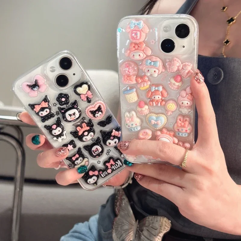 3D Cute Sanrio Y2K My Melody Kuromi Transparent Phone Case For iPhone 16 15 Pro Max 14 13 12 11 Pro Max Shockproof Soft Cover