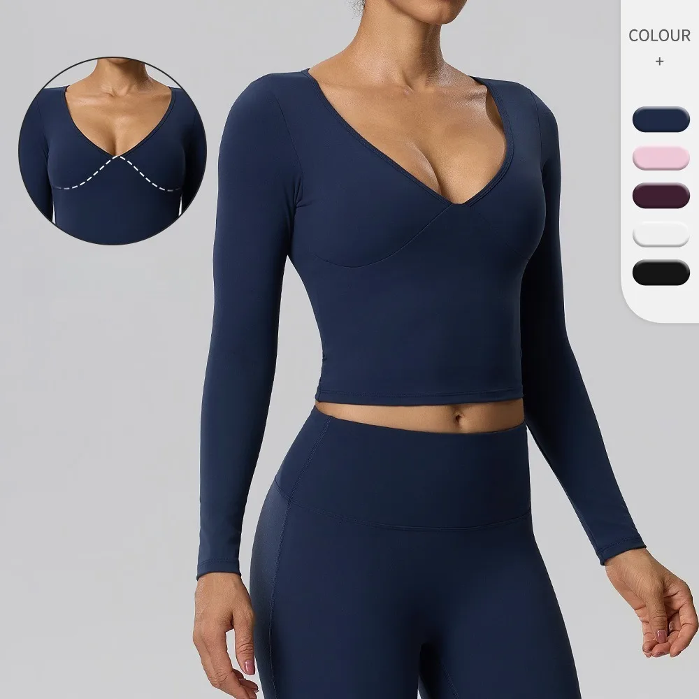 Women Double‑Sided Brushed V‑Neck Long Sleeve Yoga Top Built‑in Bra Quick Dry Shirt for Fitness Workout
