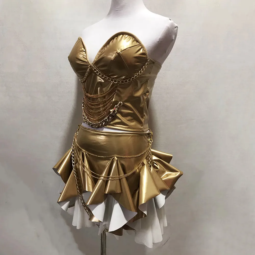 haut-sans-bretelles-en-cuir-verni-dore-mini-jupe-fendue-ensemble-pour-femmes-costume-de-spectacle-de-chanteur-et-de-danseuse-bar-discotheque-vetements-de-scene-sexy