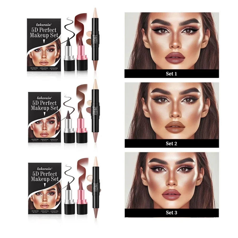 Lakerain Multiple Functions 5d Perfect Makeup Set Matte Velvet Contour & Lip Liner & Eyeliner Long Lasting Waterproof Sweatproof