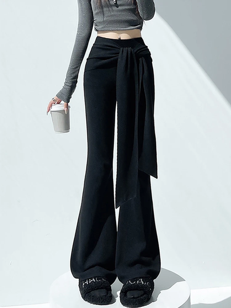 Calças Casuais de Malha com Cintura Alta para Mulheres, Novas Calças de Comprimento Total para Outono e Inverno, Pernas Retas Assimétricas