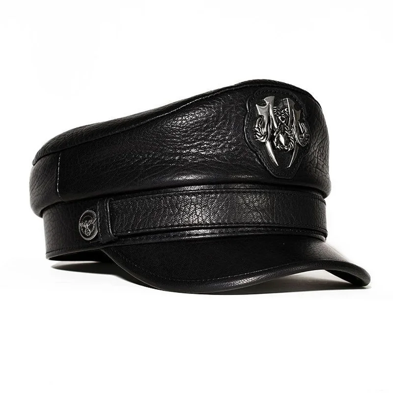 Genuine Leather Belt Military Hats Navy Hats Unisex Sheepskin European/American Streetwear Fitted Black Caps With Locomotiv  Cap