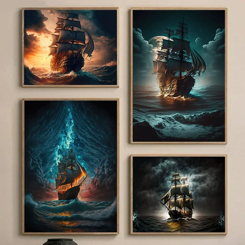 Pirate Ship Poster Sailing Wave  Adventure Ocean Retro picture Canvas Print Poster Wall  Art Decoration painting Home Room Decor